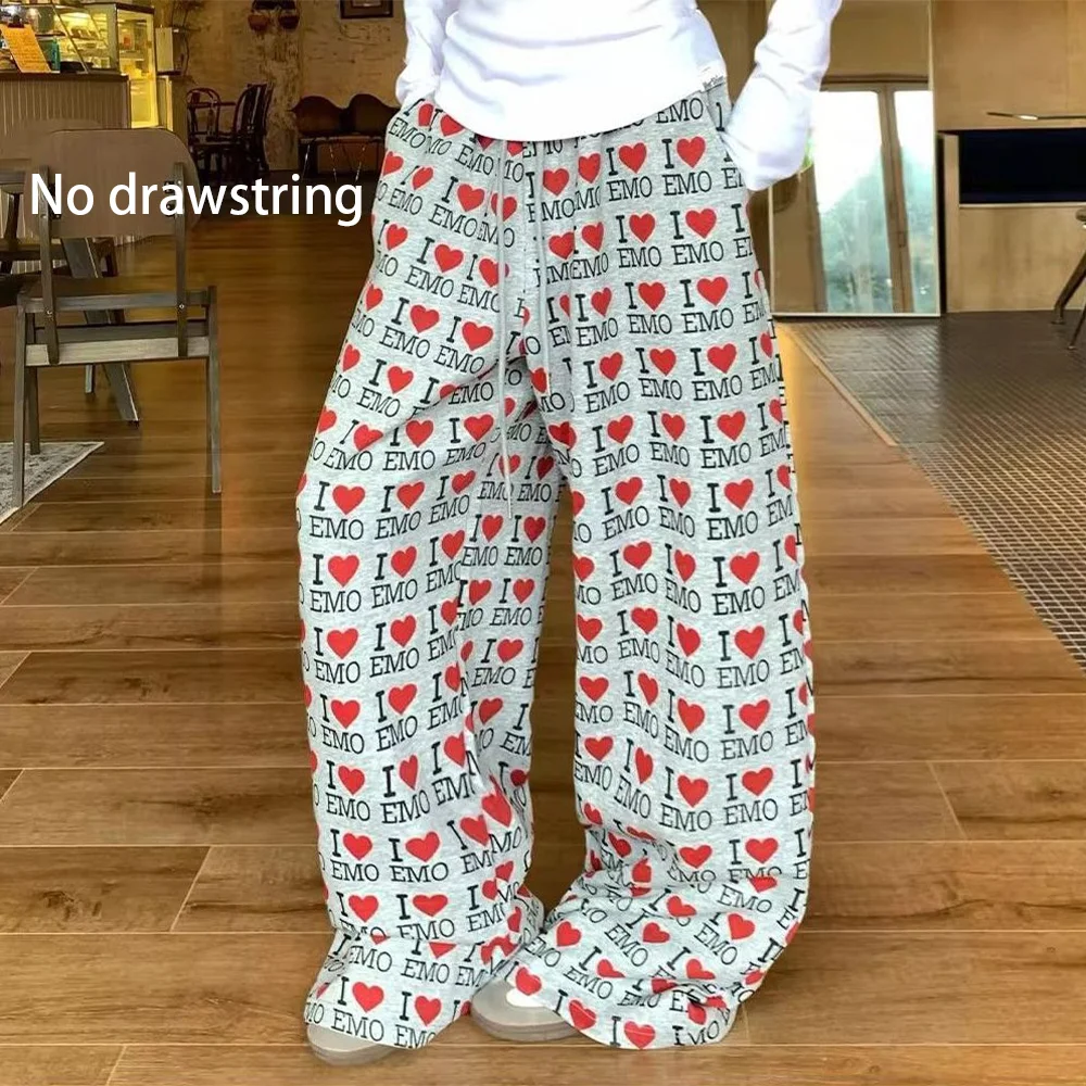 American Hip Hop Heart Letter All Over Print Drawstring Sweatpants, Unisex Autumn Winter Loose Wide Leg Trousers, Casual Floor L