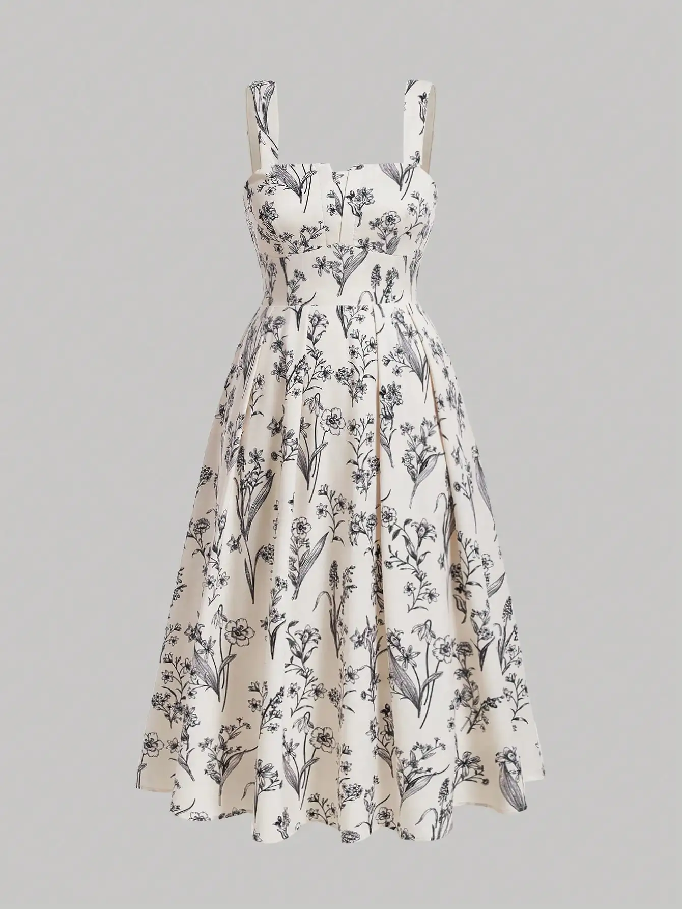 

Кремовое платье миди с цветочным принтом, на тонких бретелях и с вырезом в форме сердца