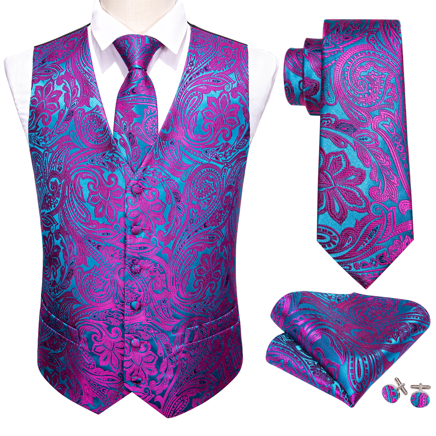 Rose Red Men Wedding Suit Vest Blue Floral Jacquard Folral Silk Waistcoat Vests Handkerchief Tie Vest Suit Set Barry.Wang Design