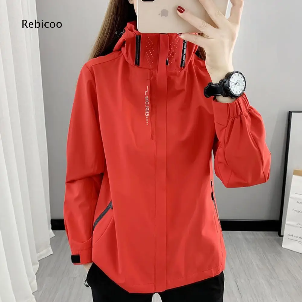 Hooded Multi Pockets Windproof Jacket Women Zip Up Drawstring Loose Outerwear For Mountaineering And Casual Outdoor Activities
