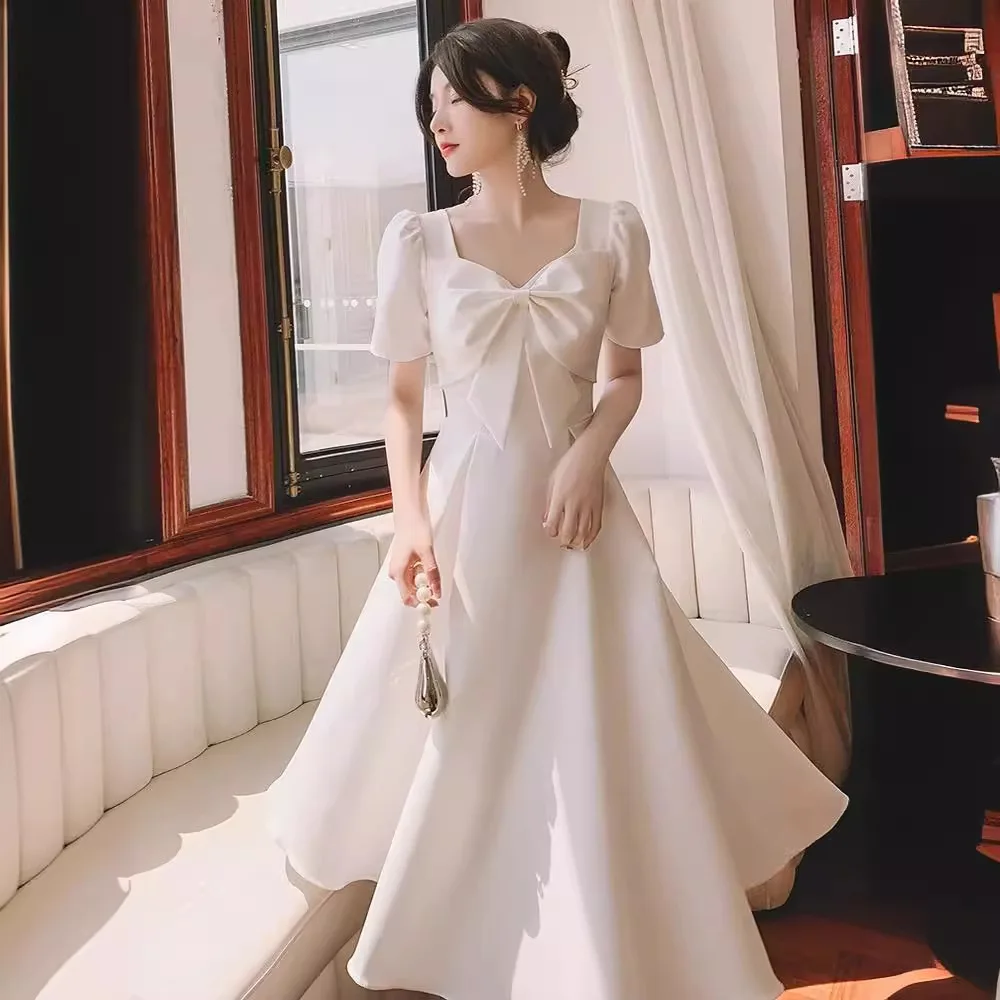 

White Dress Retro Pure Color Sweet Evening Gown Simple Elegance Slim Fit Short Host Evening Dresses for Women Party Dress