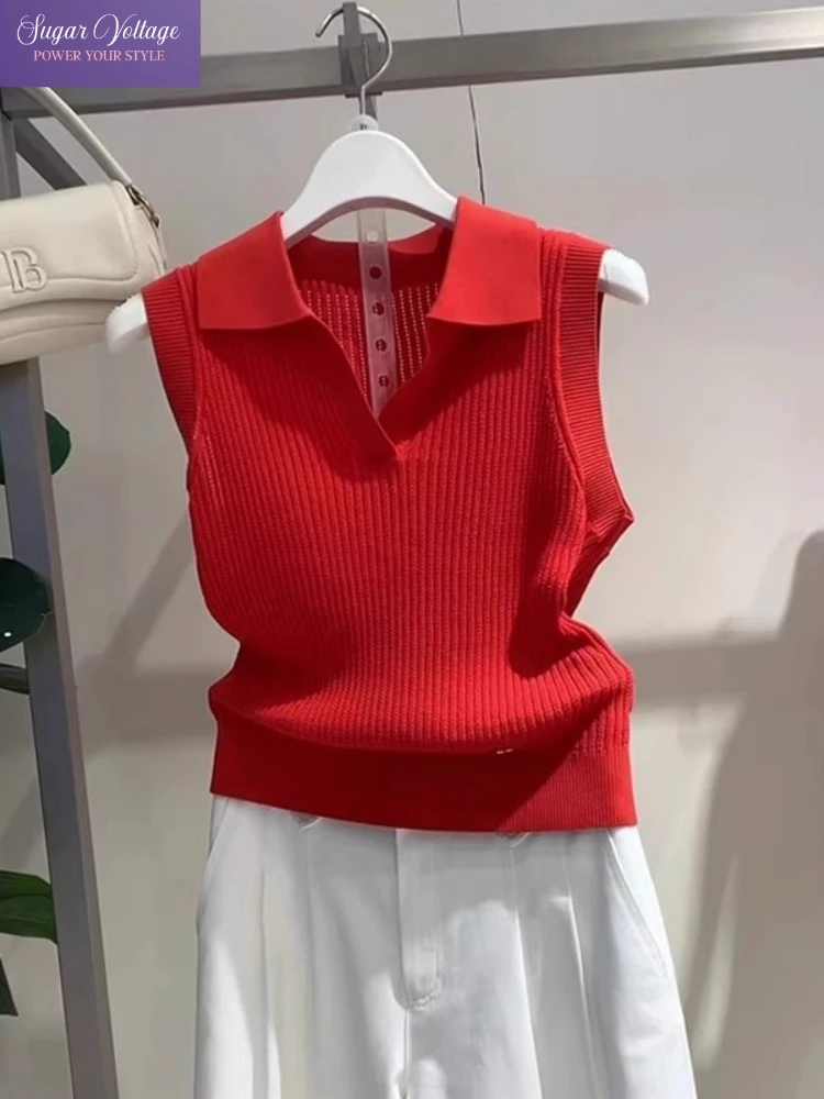 

Korean Minimalist Office Style Sleeveless Knit Vest Women Summer Red Ice Silk Polo Collar Slim Fit Tops Layered Elegant Outfit