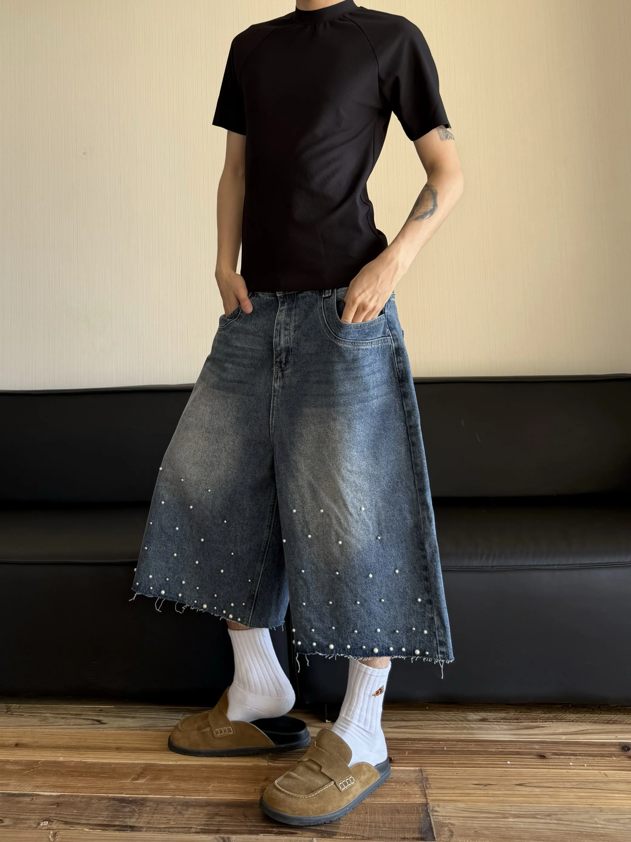 

Retro American Vibe Pearl Design Sensation Frayed Hem ort Pants Worn Blue Jeans Loose Wide Leg Seven-Five Casual Jeans
