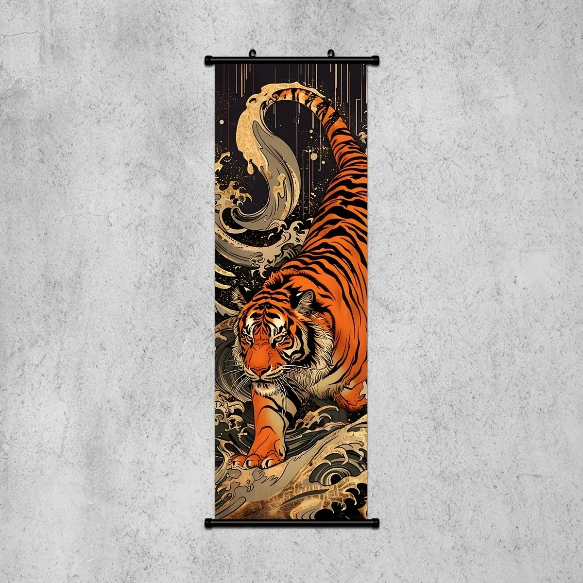 VIKAMA Tiger on Golden Wave Japanese 3 Piece Wall Scroll Tapestry Set Wildlife Poster Wall Decor Gift for Living Room Bedroom