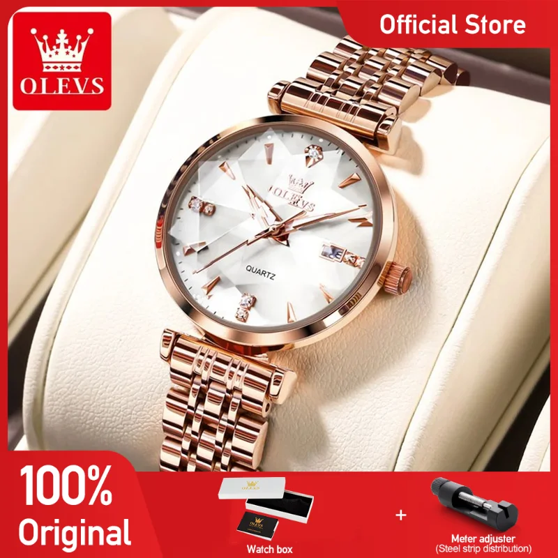 OLEVS 5536 ساعة نسائية فاخرة كوارتز ساعة اليد مقاوم للماء الفولاذ المقاوم للصدأ الزركون مقياس تاريخ الساعات للنساء مجموعة سوار