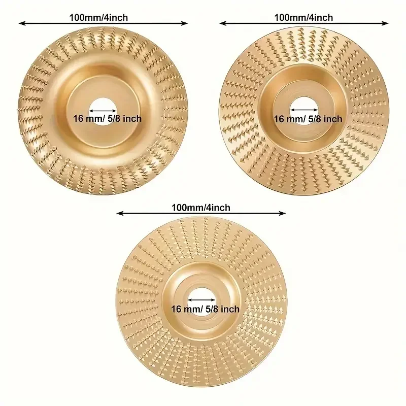 Disco abrasivo per la lavorazione del legno Set di tre pezzi 100mm di larghezza/16mm Foro metallico Design smussato curvo Disco abrasivo per smerigliatrice elettrica Set di strumenti per lucidatura per incisione di taglio del legno