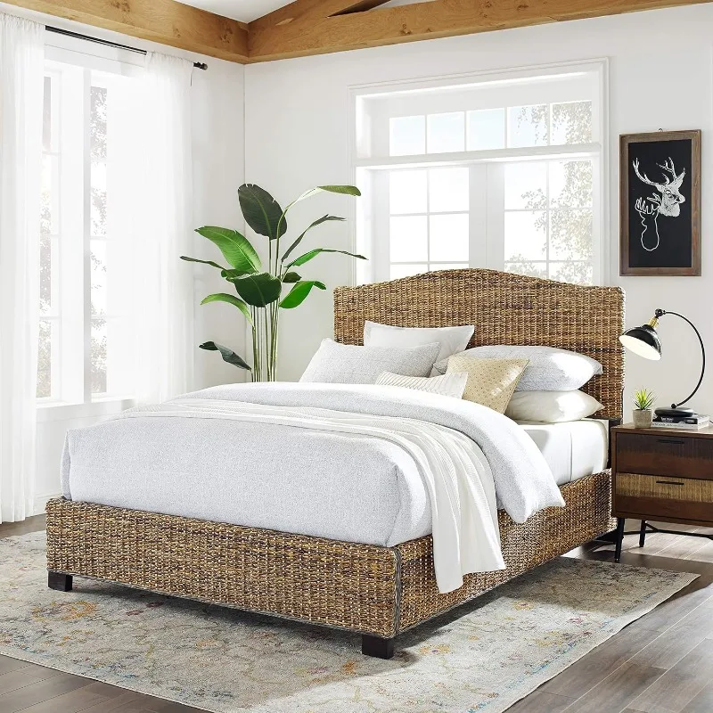 Serena Bed, Handwoven Natural Fiber Rattan Headboard and Footboard Set, Banana Leaf, Queen