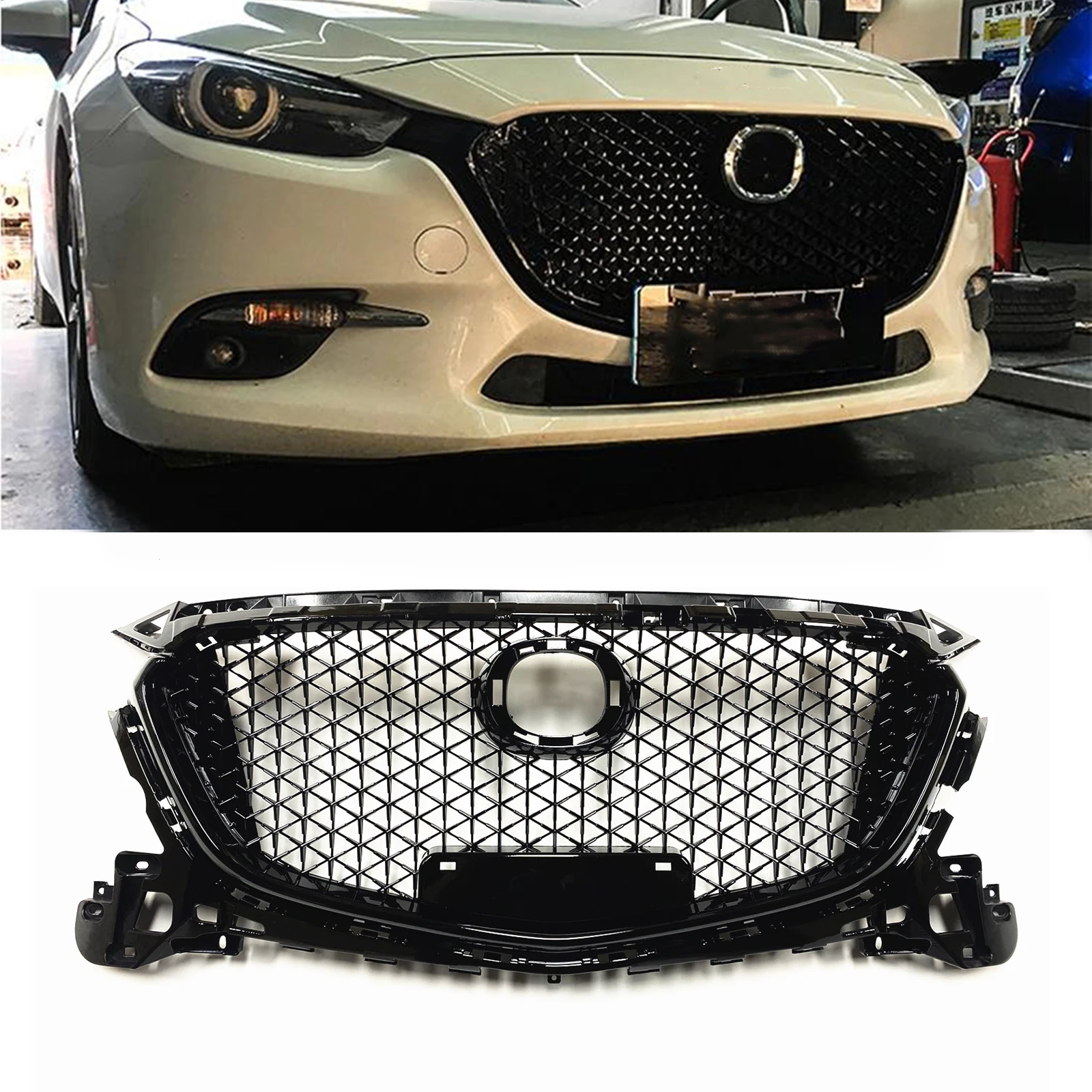 

For Mazda 3 Axela 2017-2018 Front Grille Racing Grill Glossy Black Upper Bumper Intake Hood Radiator Mesh Honeycomb Style Grid