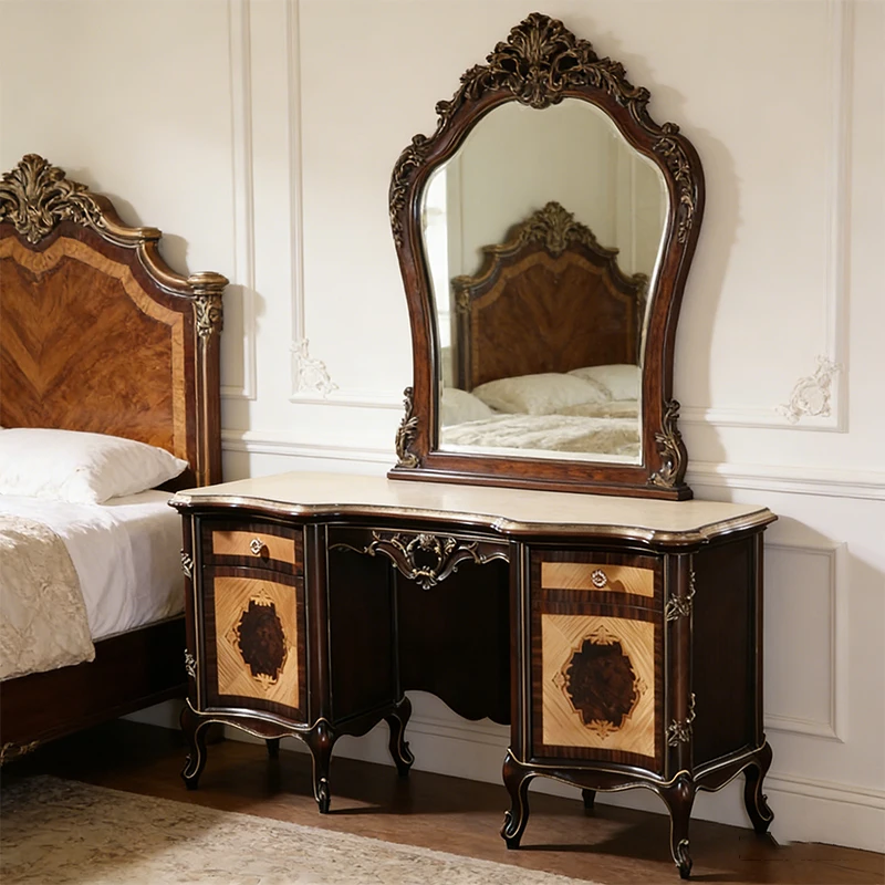！@Bedroom Retro Antique Furniture Luxury Craftmanship Solid Wooden Dressing Table Veneer Wood Make up Vanity Table Vintage