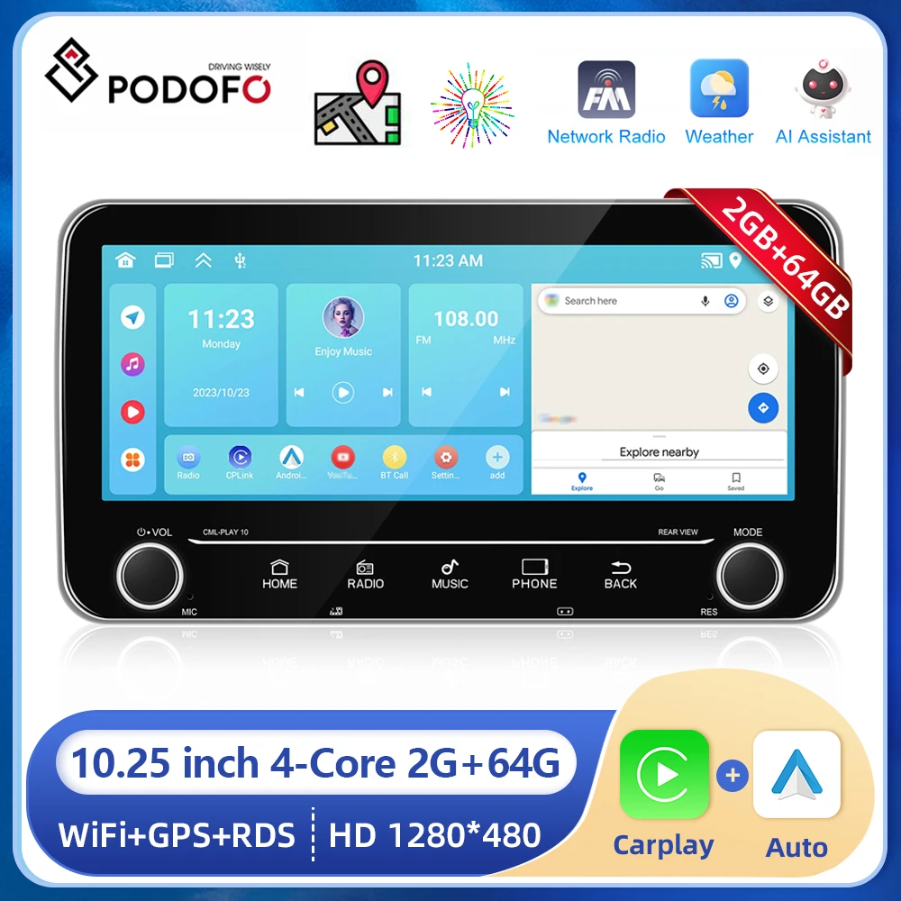 

Podofo Car GPS Radio 10.25inchAndroid 2+64G Car Multimedia Player Wireless Carplay Android auto Radio Navigation FM EQ Universal