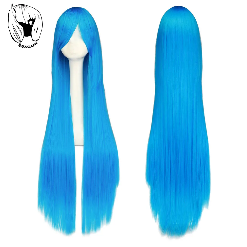 Qqxcaiw cosplay100cm longo azul perucas de cabelo sintético halloween anime traje reta peruca resistente ao calor