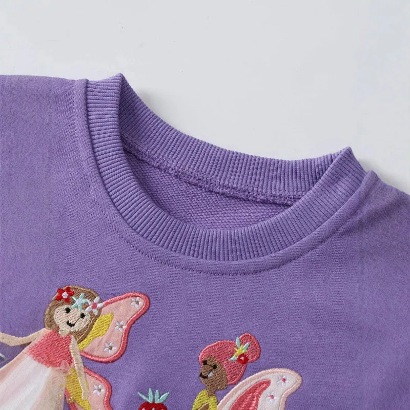 Girls Hoodies Fairy Embroidery Sweatshirts Kids Mesh Hem Long Sleeve Pullover Children Cute Butterfly Elf Tops
