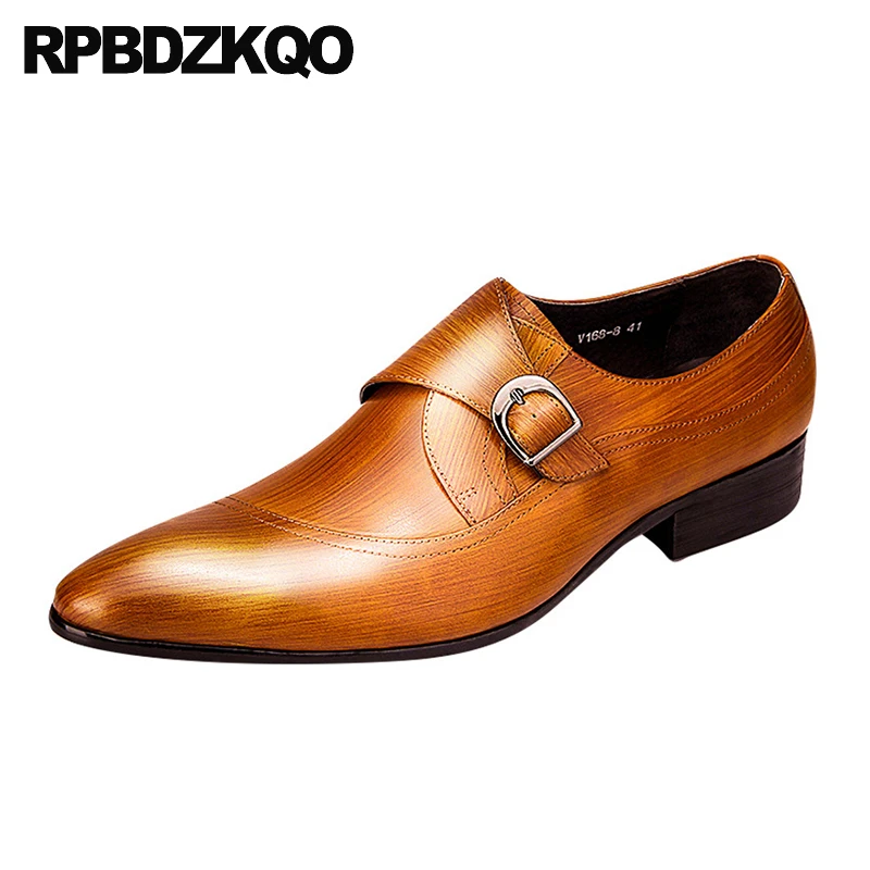 

Buckle Pointy Toe Metal Dress Flats Spring Korean Shoes Cow Skin Men Stylish Popular Party Prom Monk Strap Trending 2023 Brown