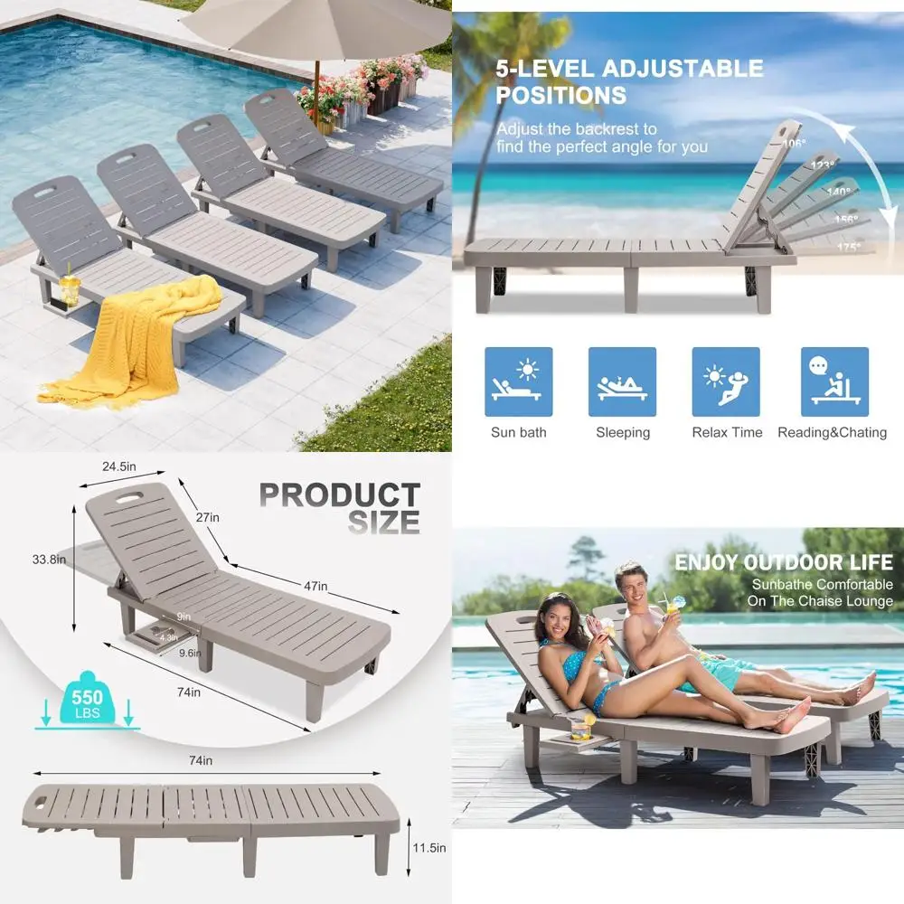 Waterproof Outdoor Chaise Lounge Set of 4, All-Weather Adjustable 5-Position Reclining Chairs for Patio Use