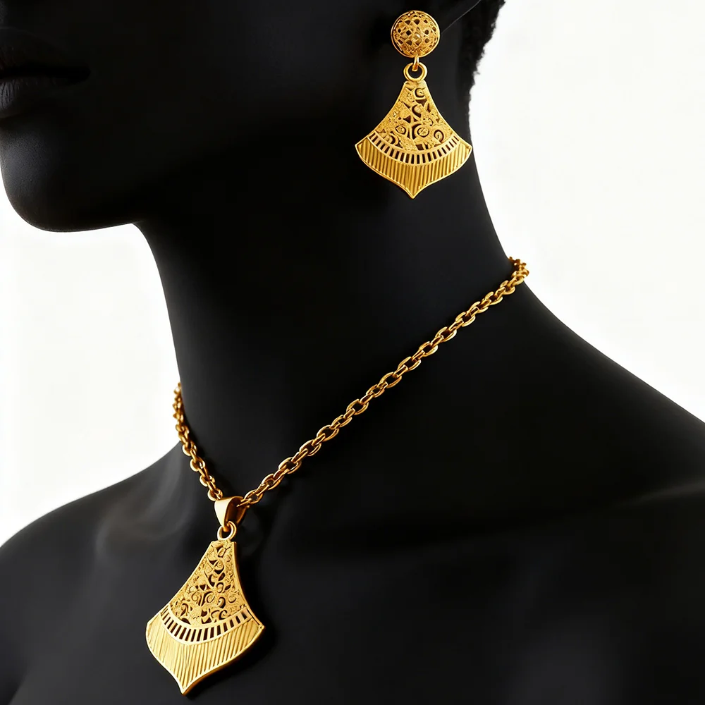 Dubai 18K Goldfarbenes Schmuckset für Damen Hochzeit Party Halskette Ohrringe Sets Indisches Schmuckset Kostenloser Versand Großhandel – Detail 2