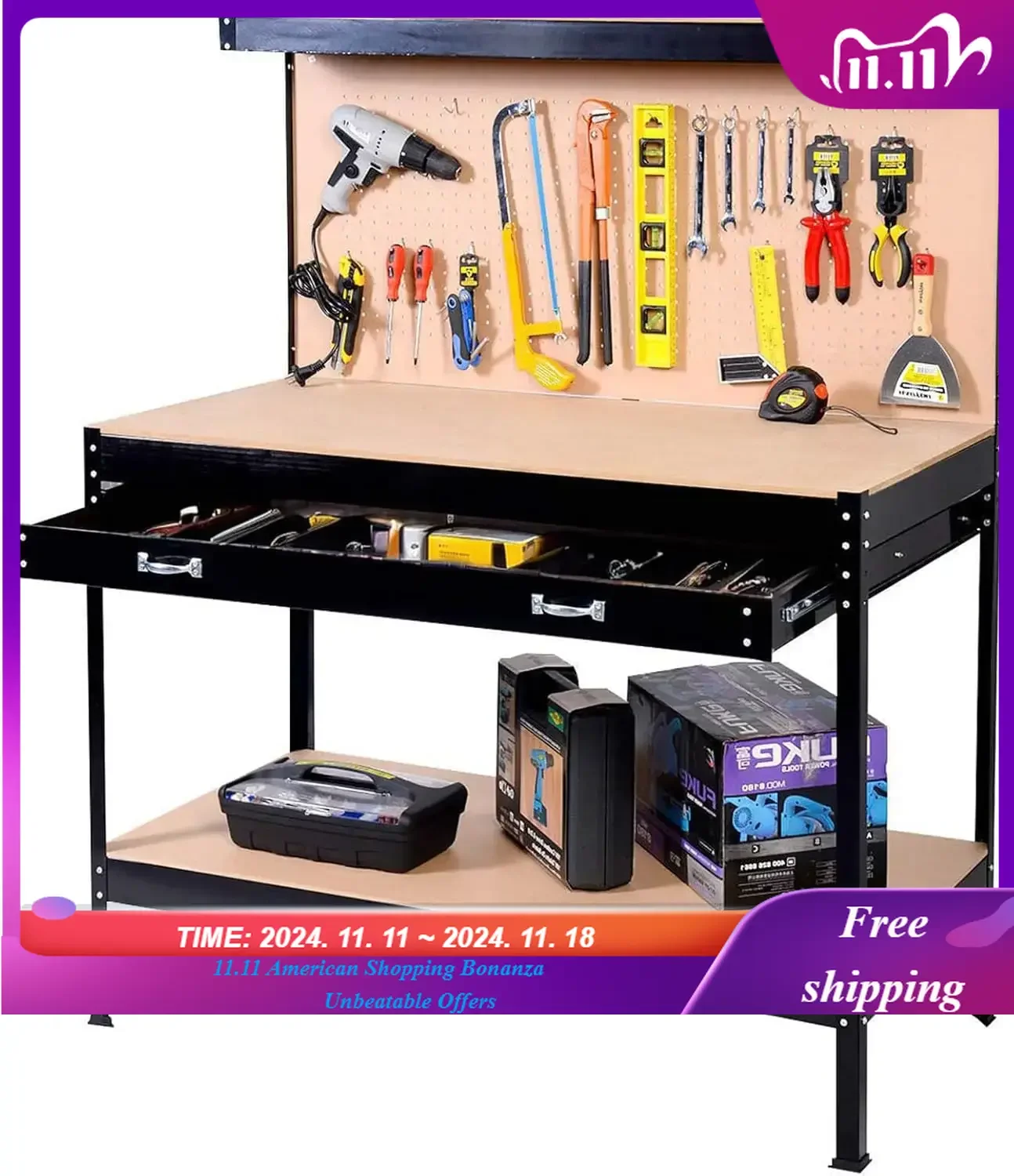 

Heavy Duty Steel Adjustable Work Bench Multifunction Workbench with Drawer,Pegboard Capacity Woodworking