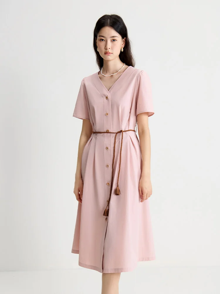 

DUSHU Women Pink Long Dress Lace-up Waist V-Neck Summer Female Short Sleeve Dress Single Breasted Design X-LINE Dress 24DS82838