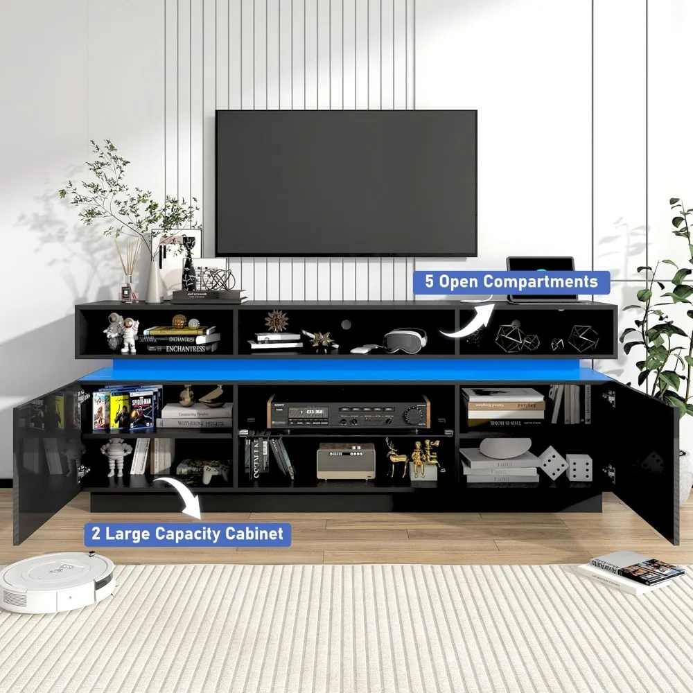 حامل تلفزيون LED لتلفزيون 80 بوصة، مركز ترفيه حديث شاهق مع مقبس طاقة، حامل تلفزيون عالي اللمعان