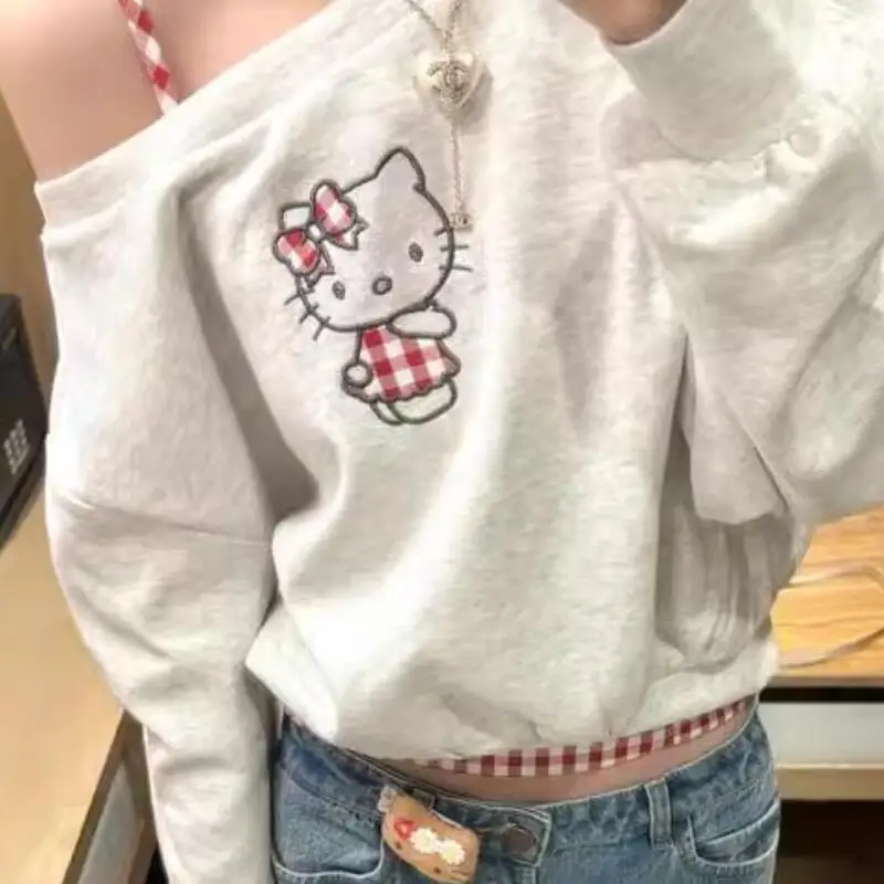 2025年春・秋新作 可愛い斜め肩パーカー ハローキティ レディース シンプル オフショルダー ファッション ショート丈トップス