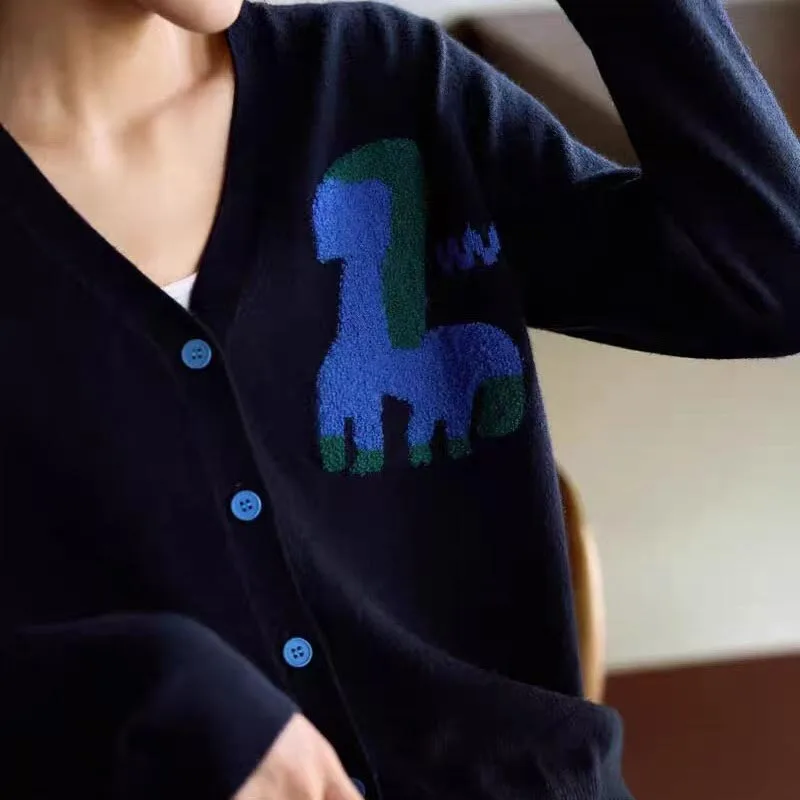 Women's Clothing Chic All-match Pony Embroidery Sweaters Autumn Winter Casual V-neck Single Breasted Knit Cardigan Lady Y2k Tops