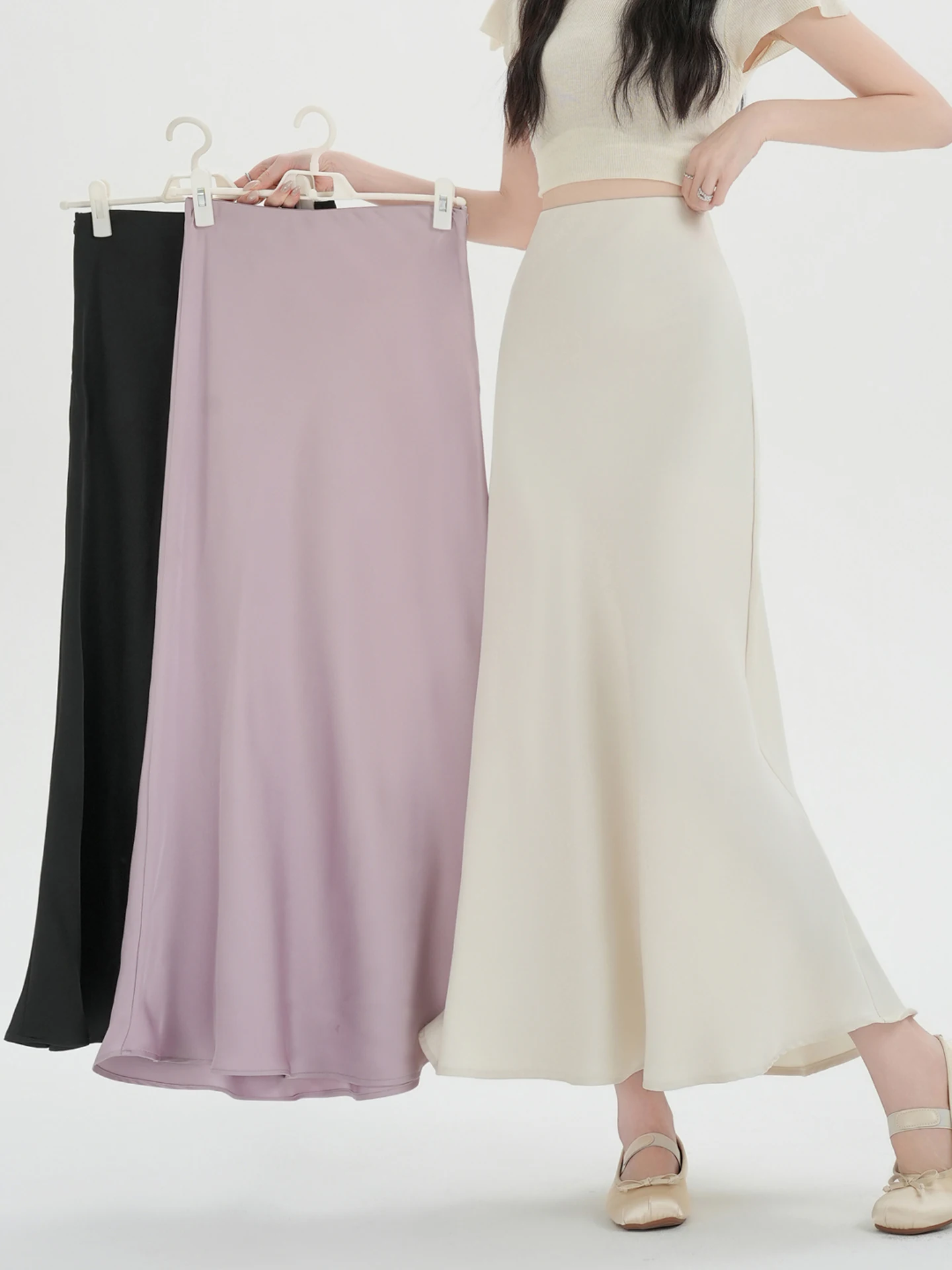 

Ацетатная атласная юбка-рыбка с завышенной талией, приталенная, А-силуэт, миди, для женщин, весна-лето, новая, повседневная, для офиса, модная