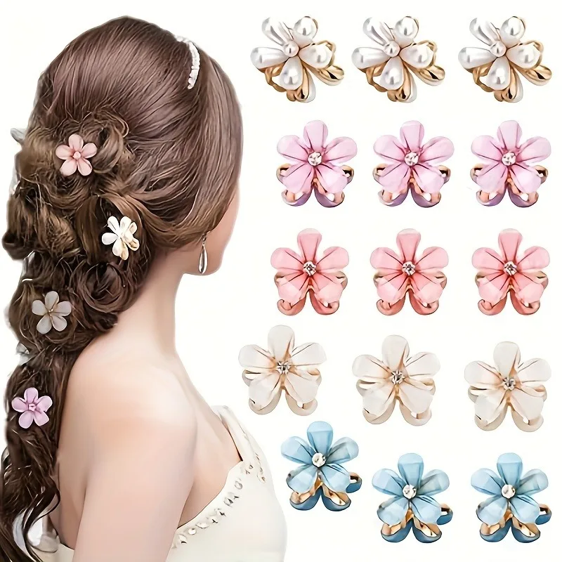 6pcs Elegant Bling Bling Rhinestone Flower Shaped Hair Grab Clips, Faux Pearl Decorative Hair Barrettes, Trendy Hair Decoration