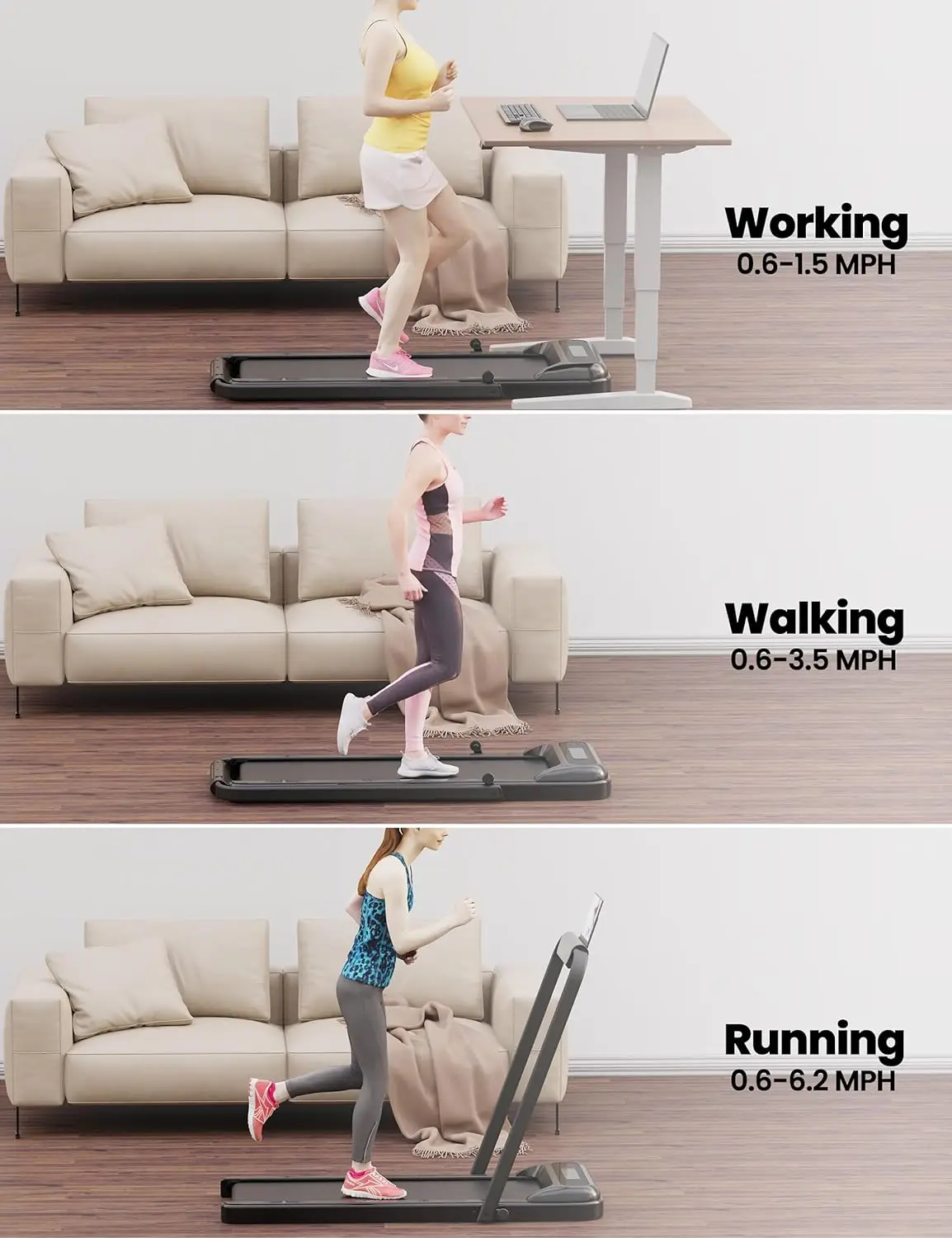 Tapis de course pliant avec données d'entraînement en temps réel sur écran LCD, tapis de course, marche, 2 en 1, [2.25 HP], 0.6 MPH, 6.2 MPH