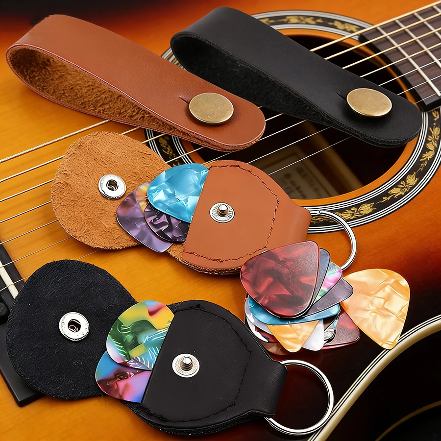 Gitarrenzubehör-Set: 10 Stück 0,5mm Glatte Gitarrenplektren, 1 Stück Tragbare PU-Aufbewahrungstasche & 1 Stück Gitarrengurt für Gitarre & Bass