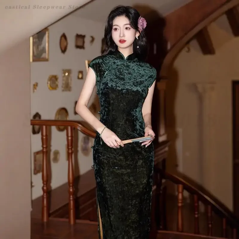 

Retro Velvet Long Qipao Banquet Dress Women Elegant Classic Mandarin Collar Chesongam Big Size 3XL Improved Chinese Style Dress