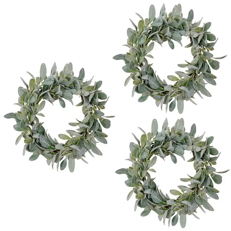 A67K-3 Pcs Spring Flocked Lambs Ear Wreath Set Year Round Everyday Foliage Wreath On Grapevine Base With Greenery Leaves Set