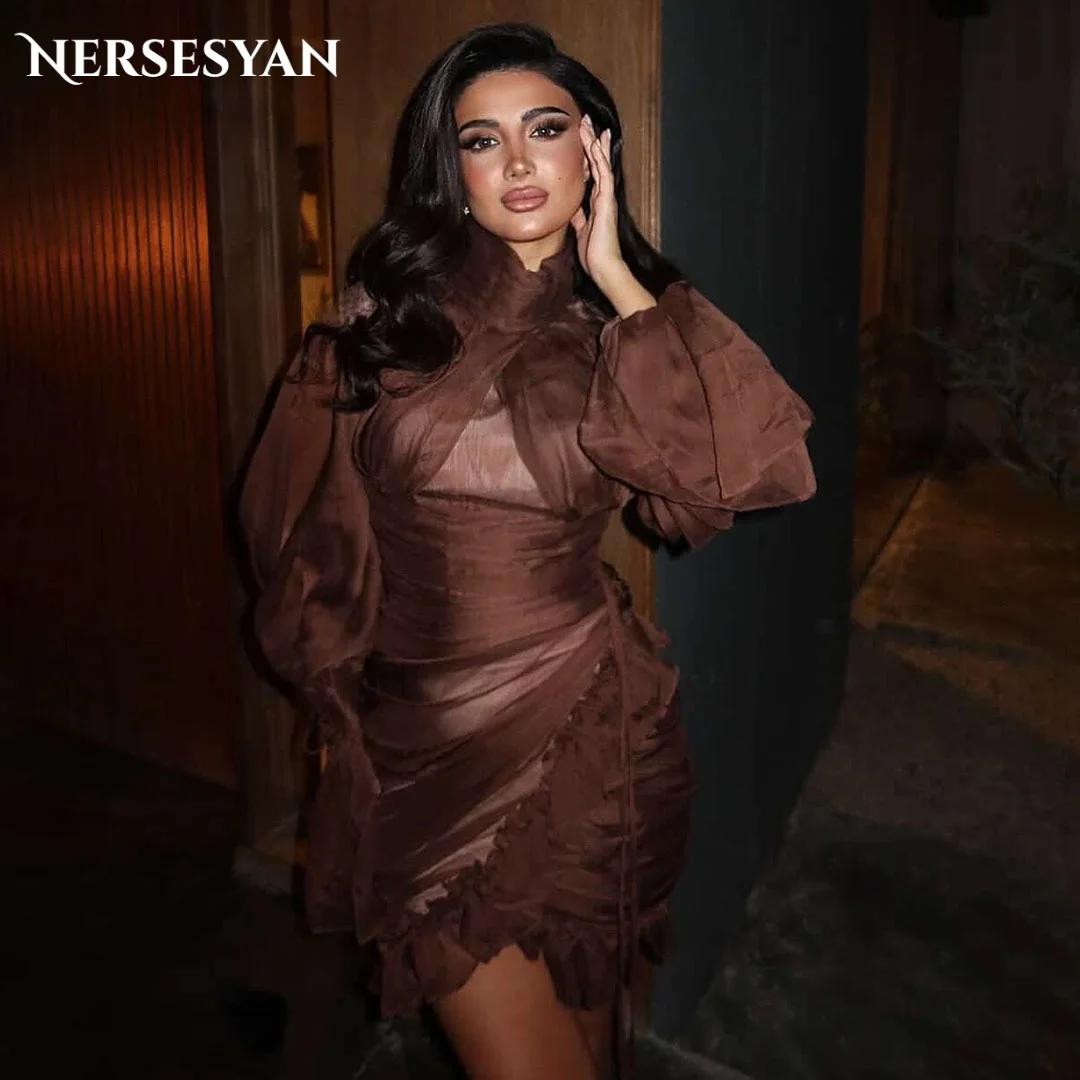 

Nersesyan Sexy Chocolate Prom Dresses High Neck Ruffles Tiered Flare Sleeves Mini Dress Pleated Arab Women Party Gown Customized
