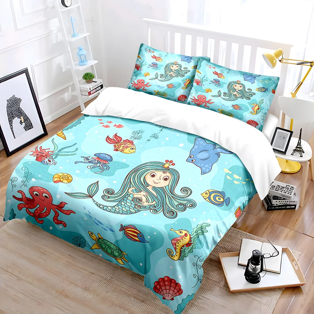 Ocean creatures with a mermaid illustration Print Bedding Set 1 Duvet Cover 2 Pillowcases for Adult and Children Luxury Gift