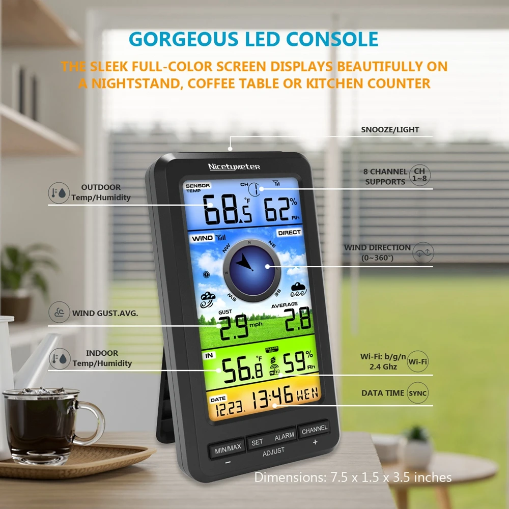 Imagem -03 - Nicetymeter-estação Meteorológica Wifi Solar Powered Indoor Outdoor Temperatura Umidade Velocidade do Vento Direction Meter Snooze Alarm Clock