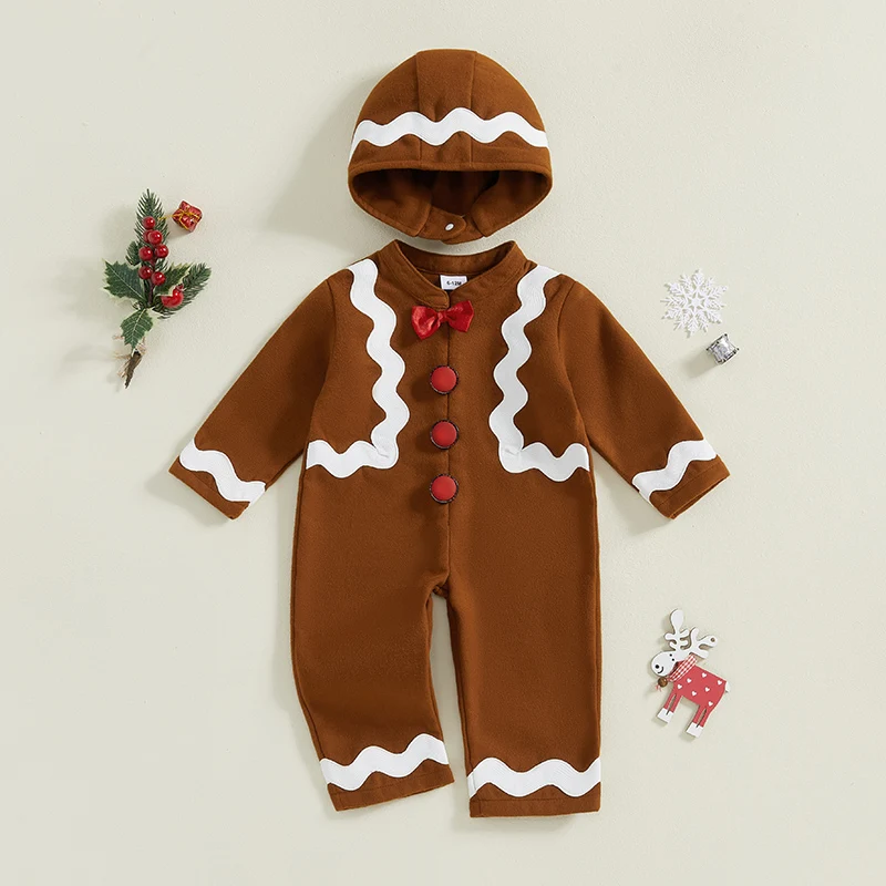 Girls Boys Christmas Jumpsuit Long Sleeve Crewneck Gingerbread Man Romper with Hat