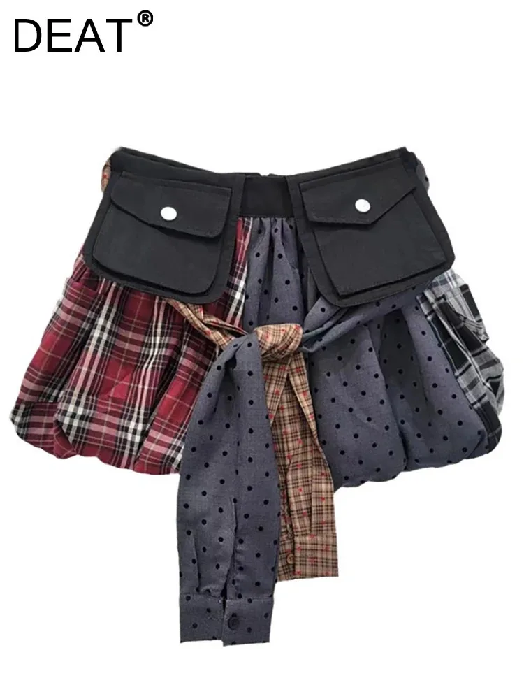 

DEAT Women's Denim Short Skirt Contrast Color Patchwork Plaid Dot Design Pockets Bud Skirts 2024 Summer New Fashion 29L7788