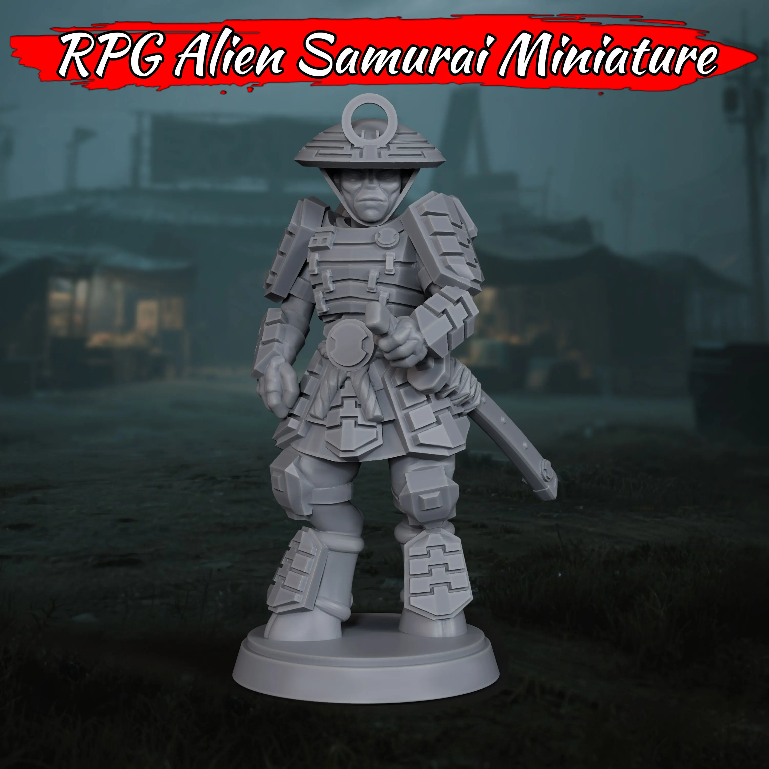 Sci-Fi Alien Samurai Miniature, Fantasy RPG Model for Tabletop Adventures | Gray, Highly Detailed  TTRPG Accessory