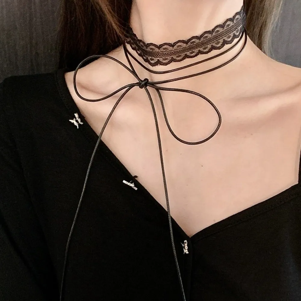 

New Gothic Lace Choker Necklace Layered Design Stacked Clavicle Chain Ballet Style Y2k Lace Strap Necklace Gifts
