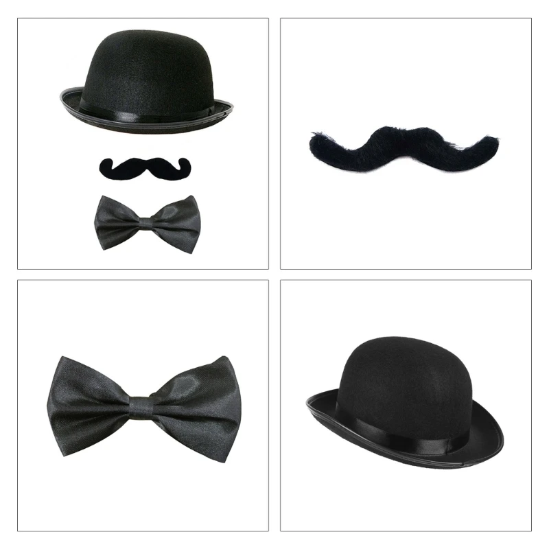 Y166 Unisex Retro Magician Hat Faux Moustache Bowtie Cos Detective Tools