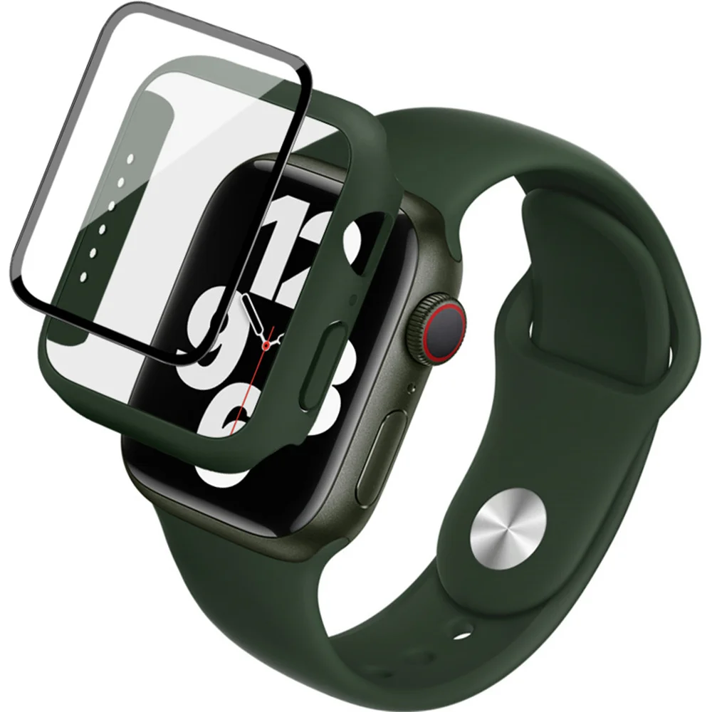 

For Apple Watch SE 3 / 2 / 1 44mm Silicone Watch Strap with PC Watch Case and Tempered Glass - Green