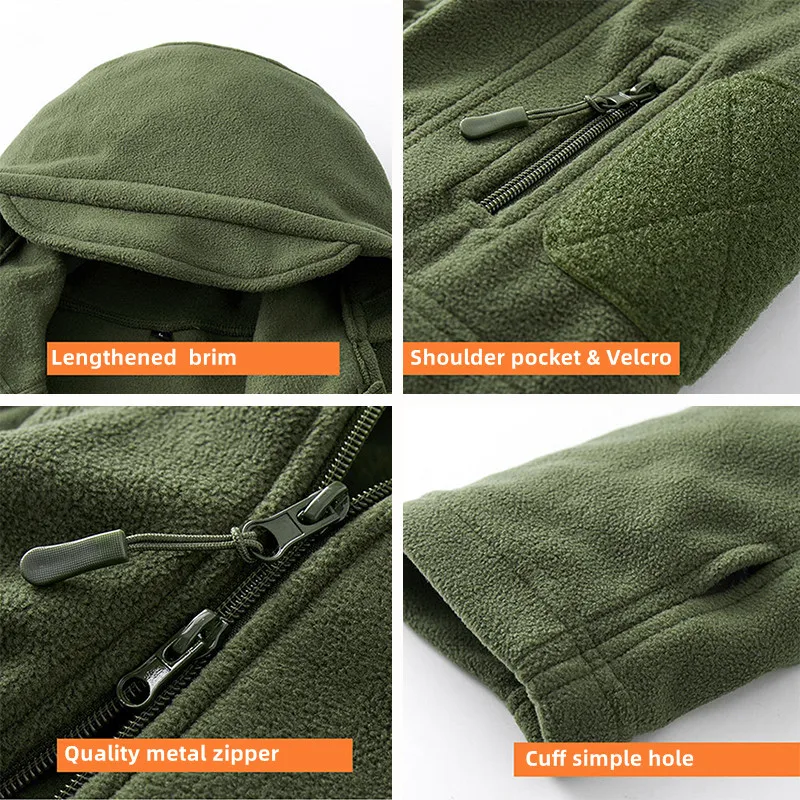 Men Tactical Fleece Hoodie Jacket US SWAT Outdoor Multi-pocket Windproof Warm Full Zip Military Coat Winter Hiking Safari Jacket