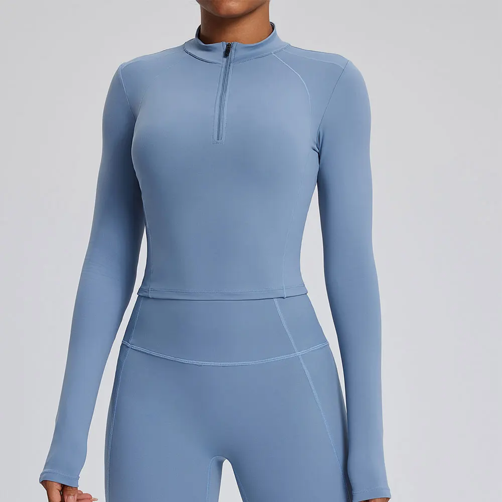 Zamek błyskawiczny Damska koszulka do jogi z długim rękawem do biegania na świeżym powietrzu Koszulka do jogi z długim rękawem Siłownia Push Up