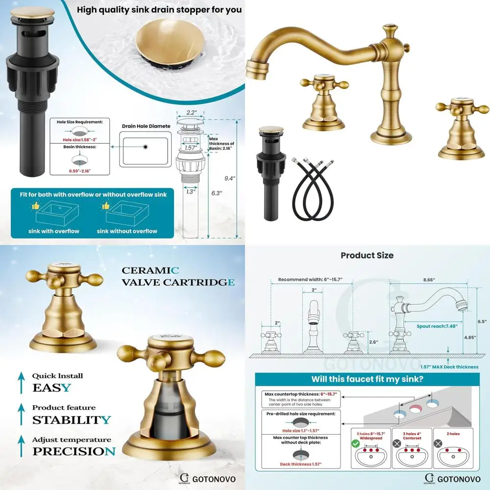 

8 Vintage 3-Hole Widespread Lavatory Faucet with 2 Cross Handles, Antique Brass Finish, Pop-Up Drain Included