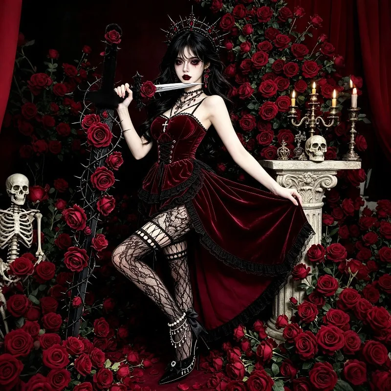 Halloween Gothic Vampire Dark Queen Costume Women Burgundy Velvet Corset Waist Train Long Gown Cosplay Party Stage Performance