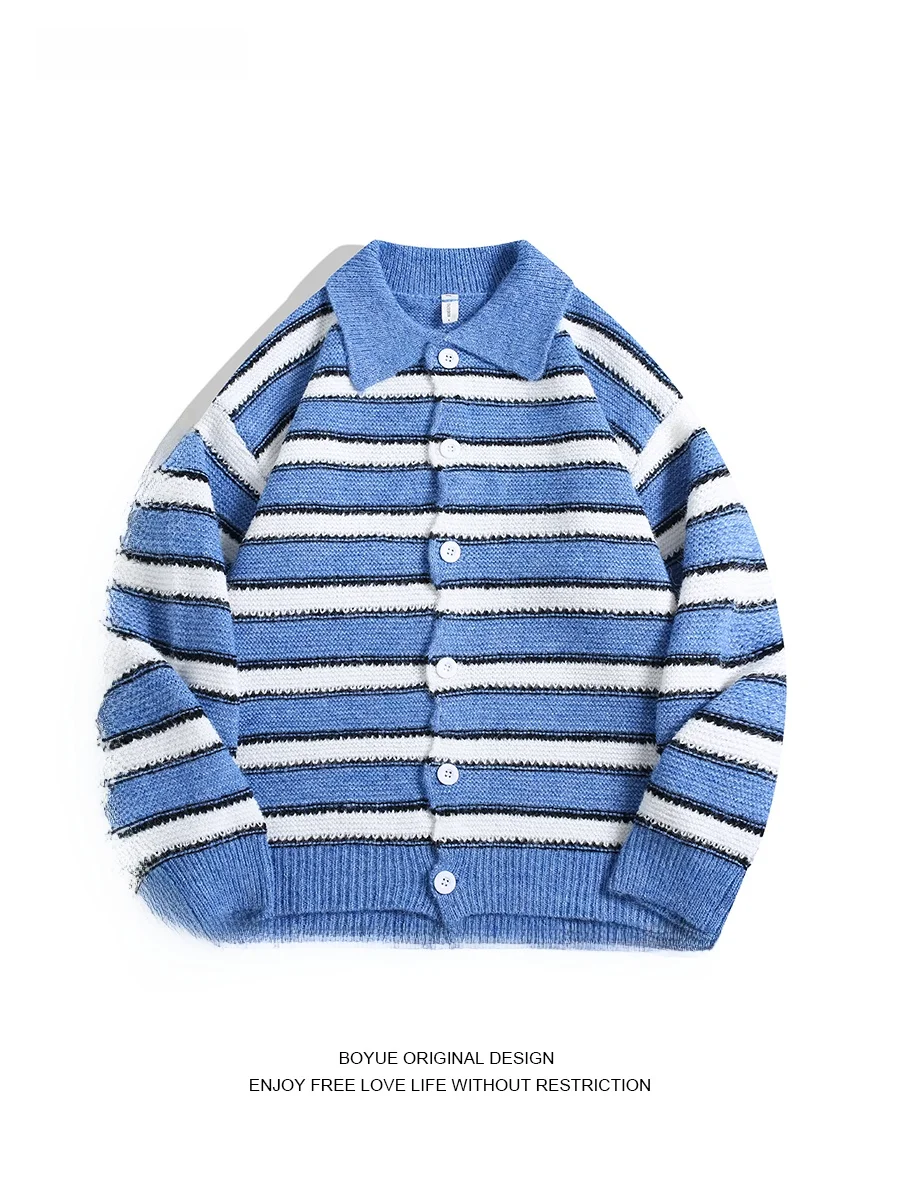 

Корейский полосатый вязаный открытый кардиган Boyue, модный мужской свитер с воротником на пуговицах от солнца, студенческий джет, повседневный свободный крой
