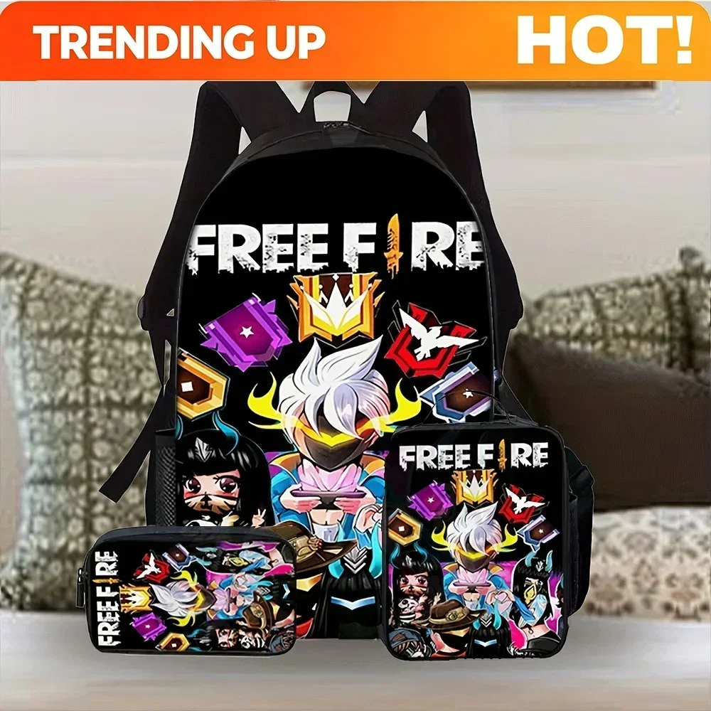 Custom Bag 3pcs Free Fire-Themed Backpack Set | Large Capacity Hiking Backpack + Crossbody Bag + Pencil Case | Zipper Design + A