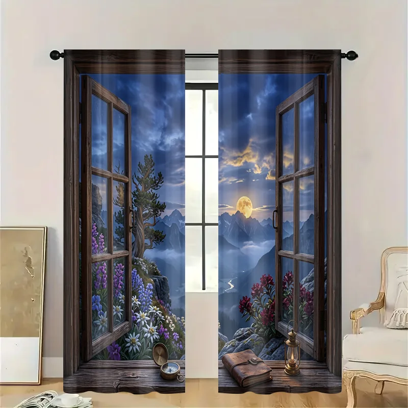 Decorative Nature View Curtains Sheer Landscape Panel Boho Cottage Style Sunlight Filtering Drapes Window Treatment for Living R
