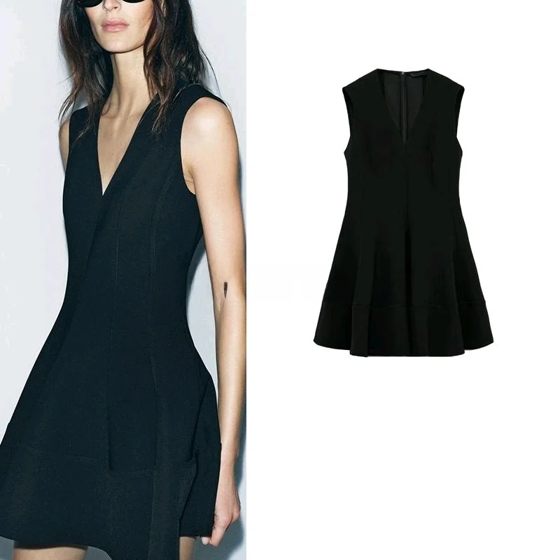

Spring New Arrival Women's Hepburn ort Bla Dr Slimming Wave Wide V-ne Dr Polyester Fiber No Sve Vest Dr
