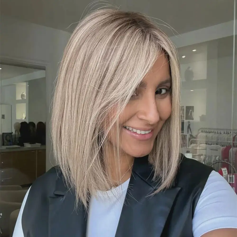 Ash Grey Blonde Wig for Women Short Bob Cut Wig Straight Fibre Mix 10% Human Hair Synthetic Heat Resistant Frontal Lace Wig
