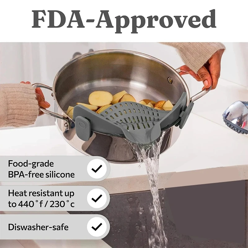 Adjustable Silicone Pot Strainer Clip-On Handheld Drainer for Noodles Pasta Veggies - Kitchen Tool for Pots Pans Bowls