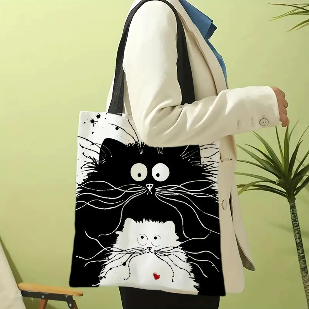 Leinen-Shopper, wiederverwendbare Tragetasche, süßer Katzendruck, Lebensmittel-Aufbewahrungstasche, tragbar, große Kapazität, Umhängetasche, maschinenwaschbare Tragetasche – Detail 4